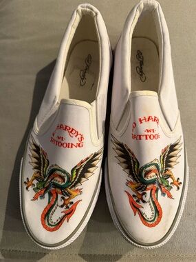 Ed Hardy White Canvas Slip-On Sneakers with Dragon Accent